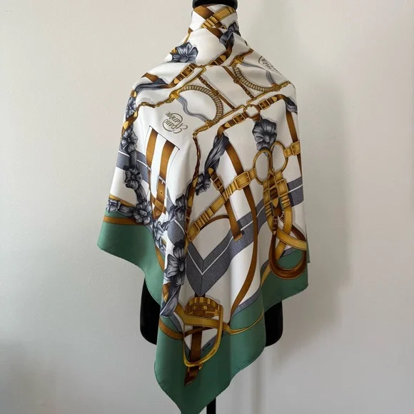 Hermes Silk Scarf with Gold Tack & Green Border - Picture 5 of 12
